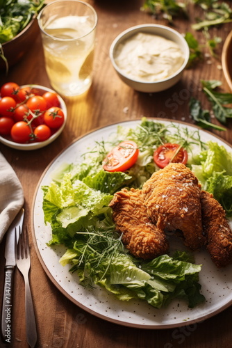 A wholesome meal of golden brown fried chicken resting on a bed of garden-fresh salad, perfect for a summer day
