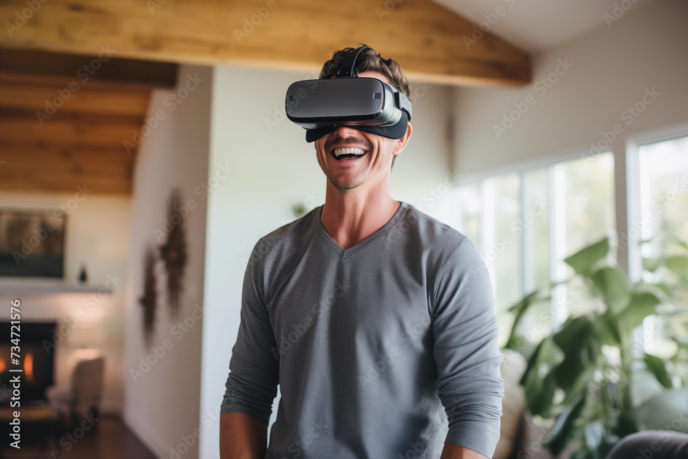 Happy smiling man wearing virtual reality headset in the living room at home