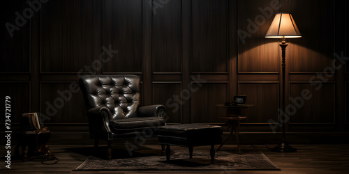 A dark background with a wooden table and a table lamp in a dark © Johnm