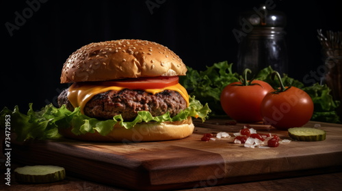Grilled Cheeseburger - A mouthwatering burger with all the fixings on a wooden surface