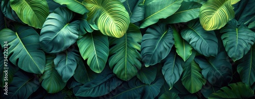 Lush Green Banana Leaves in Close-Up Tropical Background.