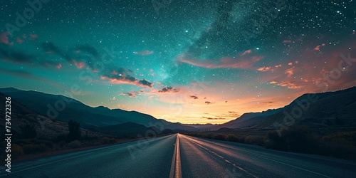 A highway under a sky full of stars, with a mountain range silhouette in the distance and the first light of dawn approaching