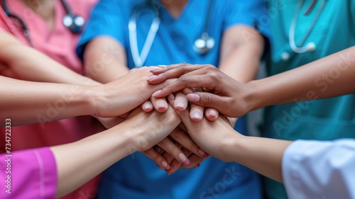 Hands together of doctors and nurses in healthcare teamwork