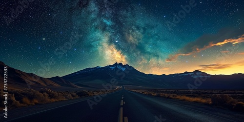 A highway under a sky full of stars, with a mountain range silhouette in the distance and the first light of dawn approaching