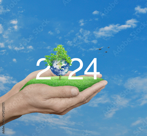 2024 white text with planet and tree on green grass field in hands over blue, Happy new year 2024 ecological cover, Save the earth concept, Elements of this image furnished by NASA