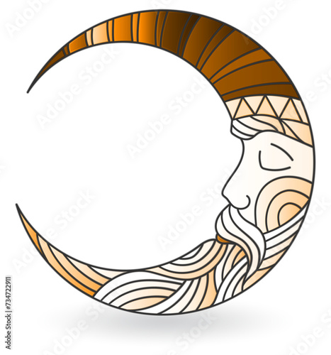 Stained glass illustration  with a  moon with faces, isolated on a white background , tone brown