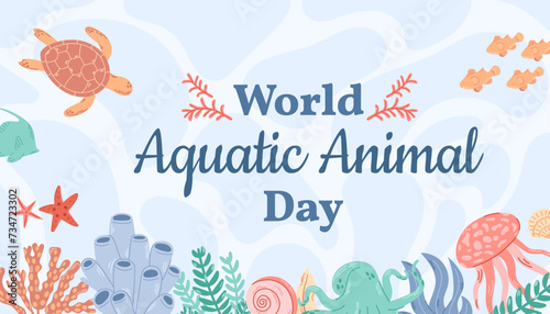 World aquatic animal day horizontal banner. Holiday concept. Template for background, banner, card, poster with text inscription.