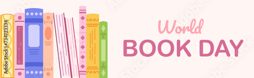 Horizontal banner for world book day celebration. Flat cartoon illustration of book and flowers.