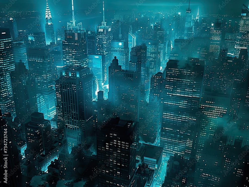 Obraz premium Breathtaking essence of urban skyline at night skyscrapers pierce darkening sky lit up by vibrant pulse of city lights panorama showcases architectural majesty and modern design of downtown district