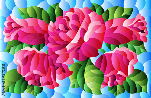 Illustration in stained glass style with a bright pink roses flowers on a blue background, rectangular image