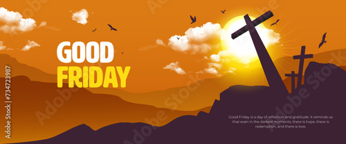 Good Friday banner, it is finished horizontal text banner with Cross, crucifix on hill and bird flying at going sunset for good friday, vector design illustration