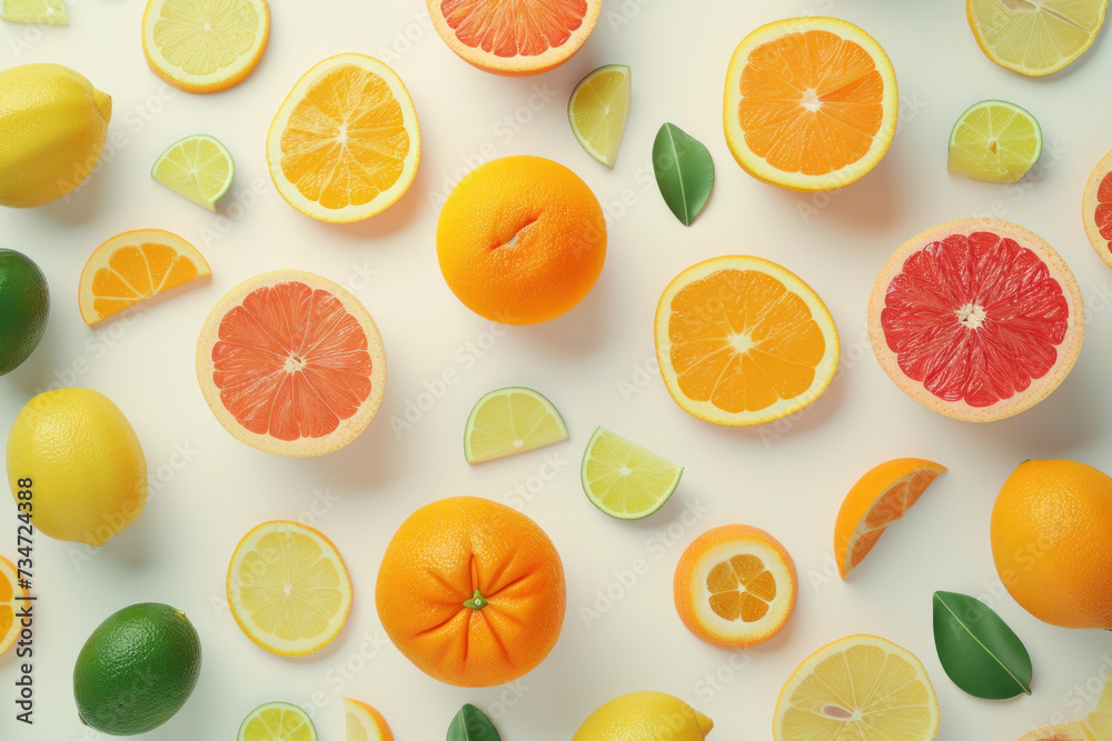 Top view tropical fruits citrus on white background, Flat lay minimal