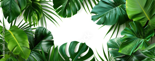 Top view tree branches tropical leaves on white background