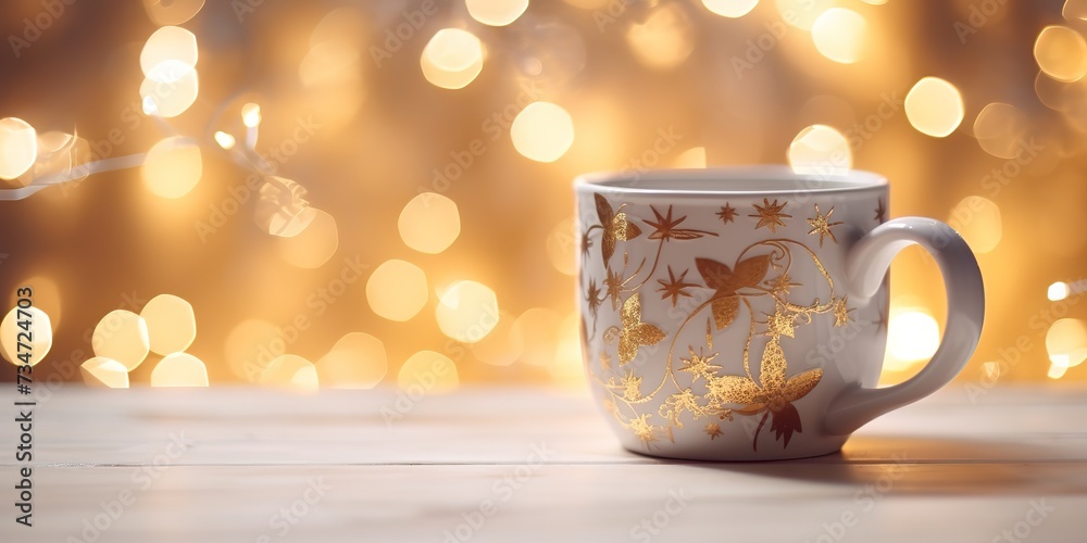Beautiful Christmas cup with hot drink on a light blurry background. The concept of home comfort and warmth. Beautiful Christmas cup with hot drink on a light blurry background. The concept of home comfort and warmth.