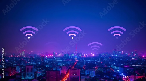 Modern metropolis with wireless network connection and urban landscape concept. Nighttime urban background with wireless network and connection technology concept.