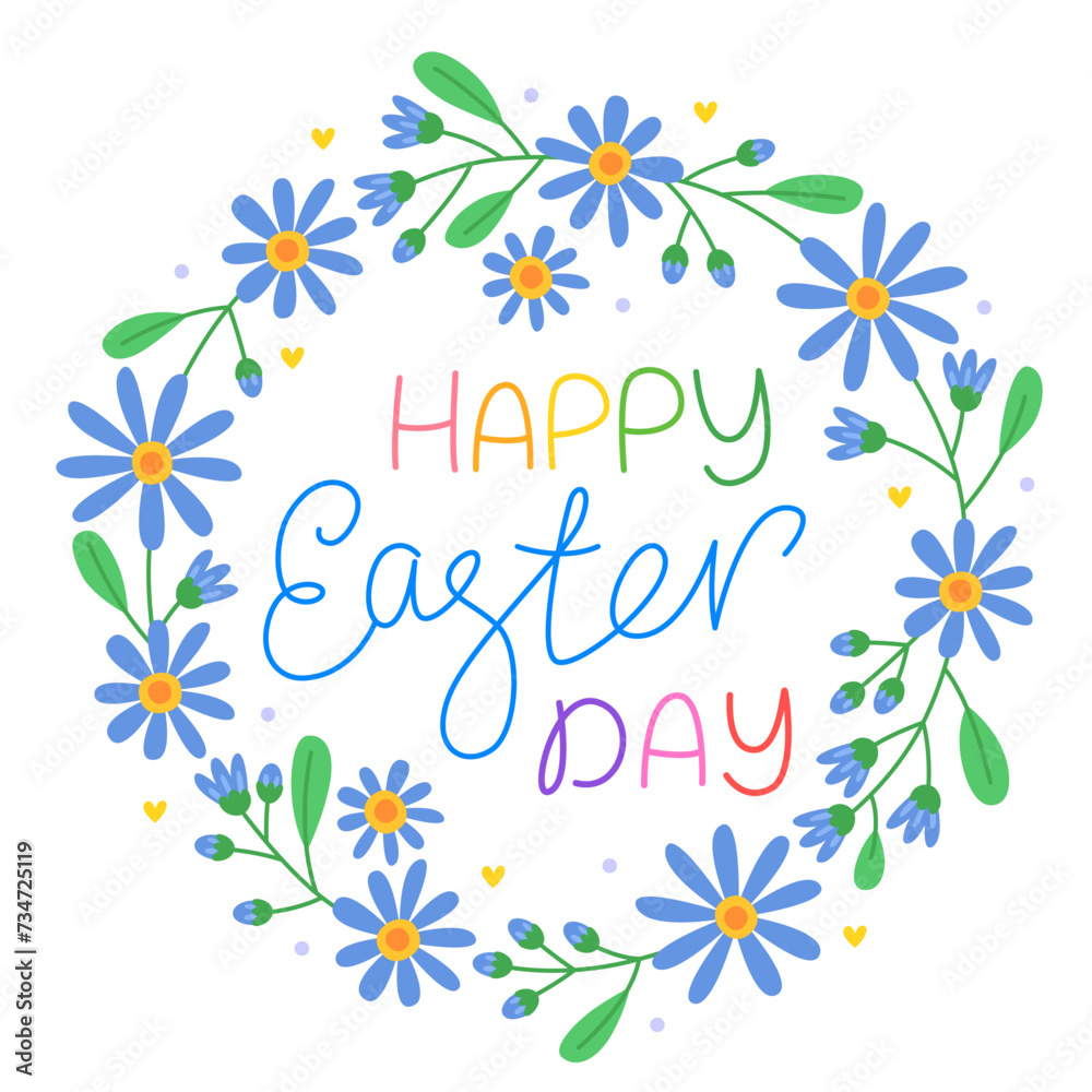 Happy Easter day.  Floral round frame with blue flowers, buds and green leaves. Spring wreath. Colorful vector lettering.  Design for a greeting card.