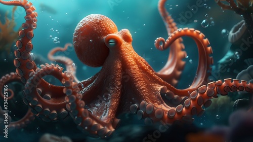 Underwater, a pleasant grinning octopus