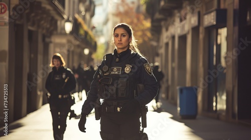 A Spanish security force policewoman and many bodies are seen strolling down a downtown street. photo