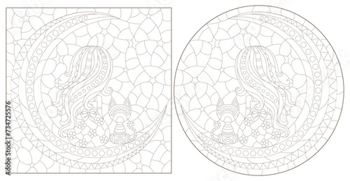A set of contour illustrations in the style of stained glass with a girl, a cat and the moon, dark contours on a white background