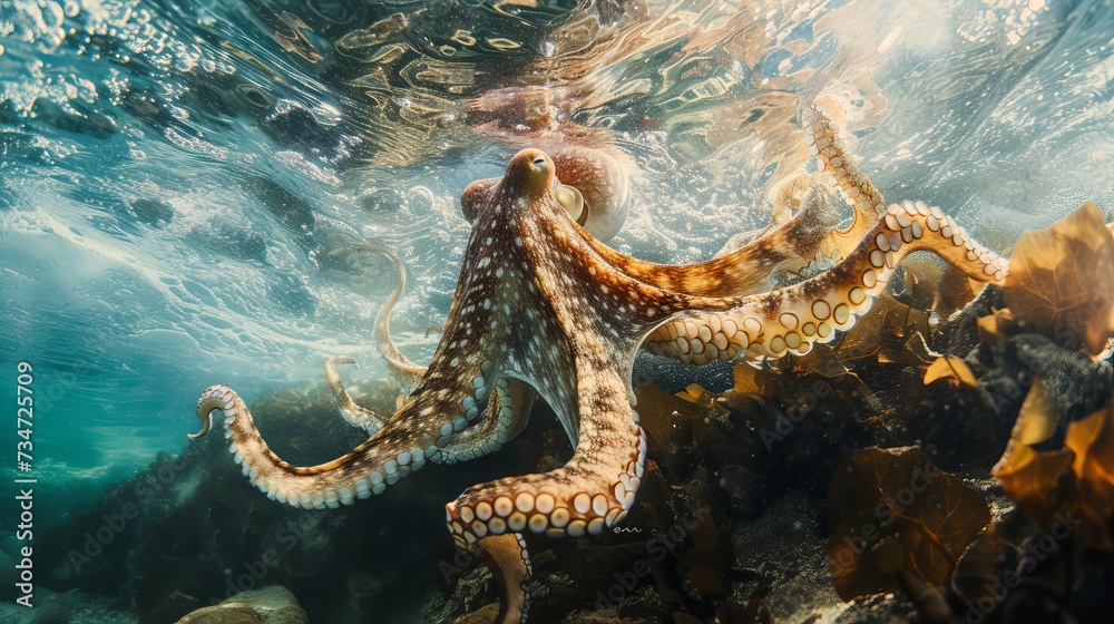 underwater photograph of a wild octopus. underwater photograph of a wild octopus.