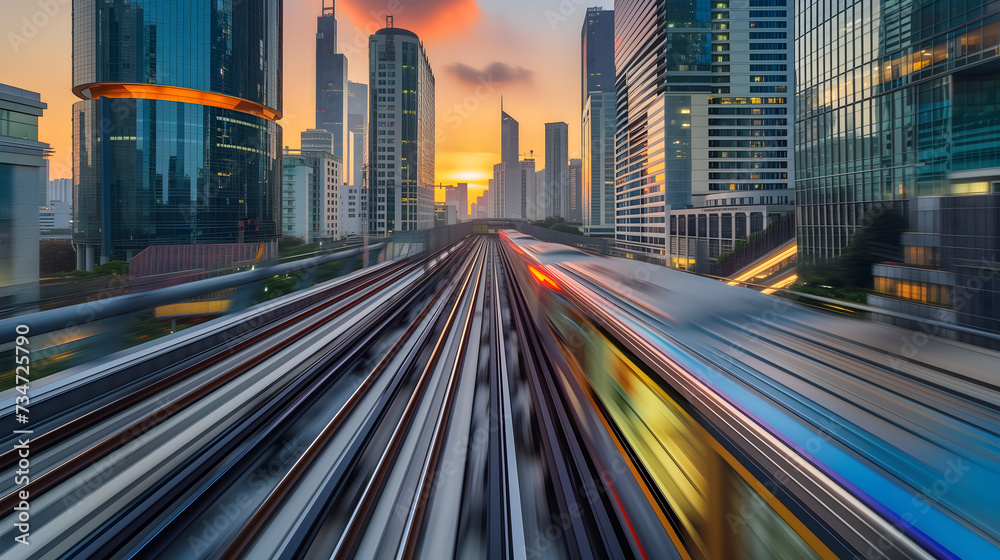 a train in blurred motion slicing through the heart of a bustling metropolis, embodying the pulse of urban life