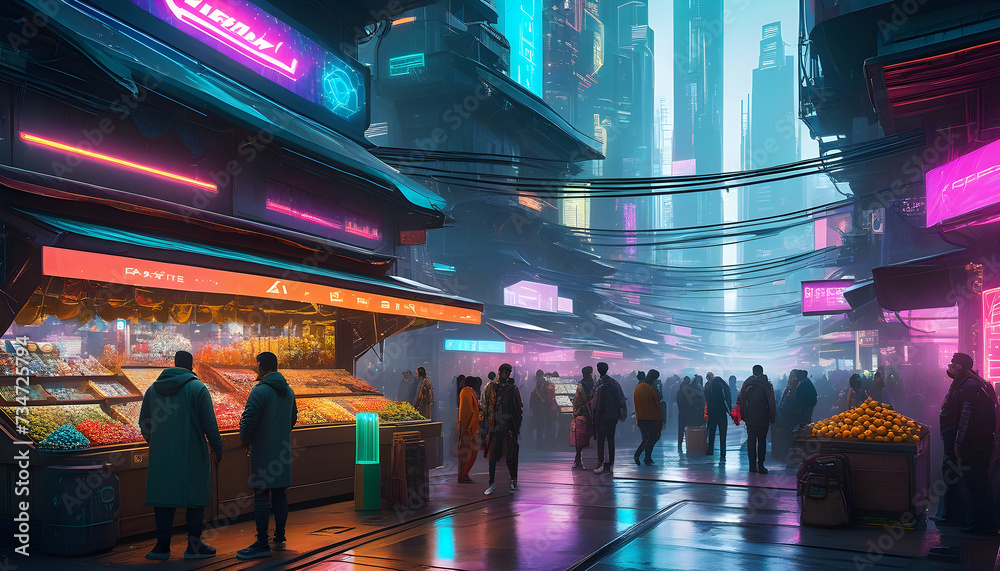 Bustling cyberpunk and futuristic marketplace with people busy with their individual business around - obrazy, fototapety, plakaty 