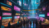 Bustling cyberpunk and futuristic marketplace with people busy with their individual business around