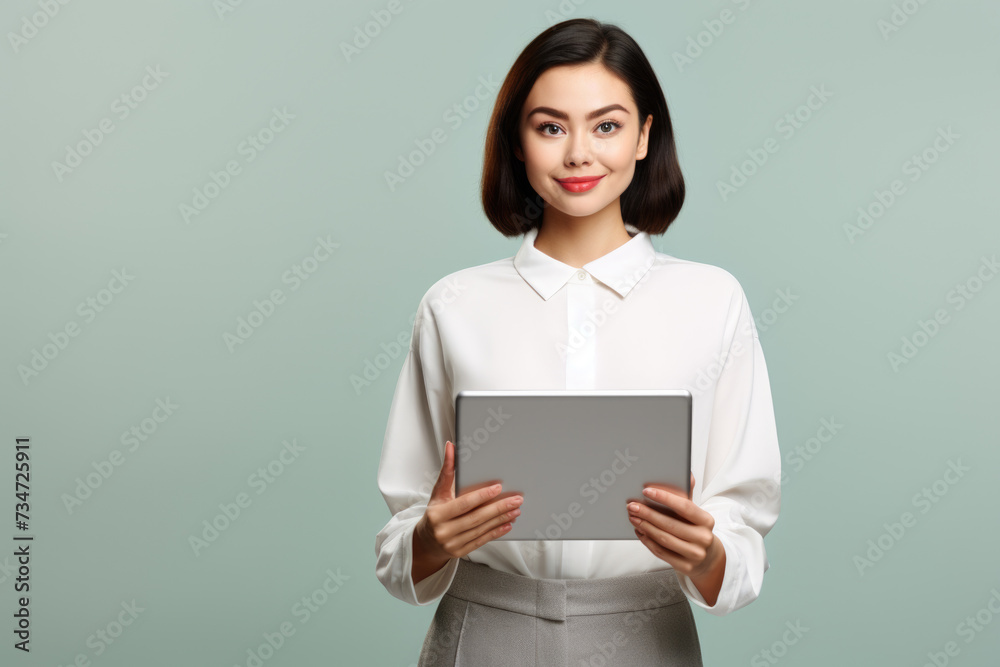 Woman in white shirt holding laptop. Versatile image suitable for various business and technology concepts Woman in white shirt holding laptop. Versatile image suitable for various business and technology concepts