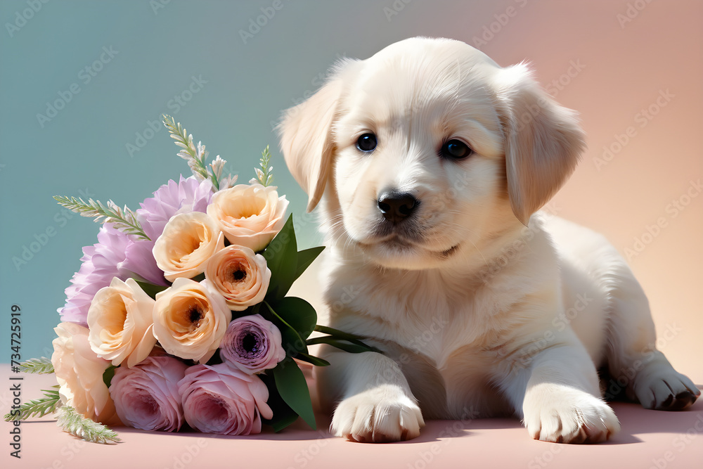 A dog smiling with a bouquet of flowers. Generative AI