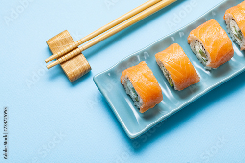 Sushi With Salmon On Blue Rectangular Plate