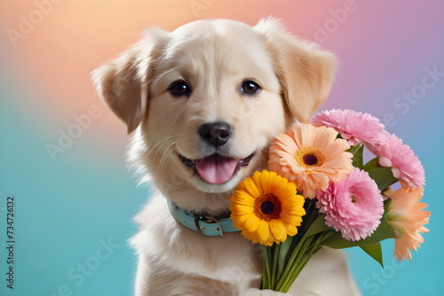 A dog smiling with a bouquet of flowers. Generative AI