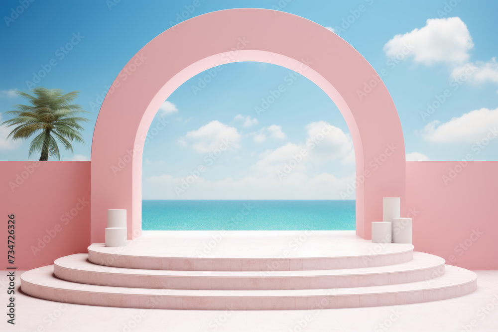Picture of pink arch with palm tree in background. Suitable for travel and tropical themes Picture of pink arch with palm tree in background. Suitable for travel and tropical themes