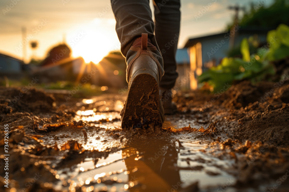 Person is seen walking through puddle of water Person is seen walking through puddle of water