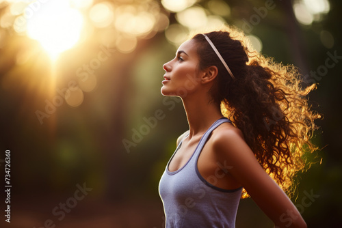 Woman with her eyes closed looking up at sun. This image can be used to depict relaxation, mindfulness, or enjoying nature