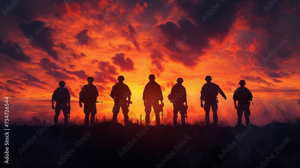 Six silhouettes of soldiers against a backdrop of the setting sun