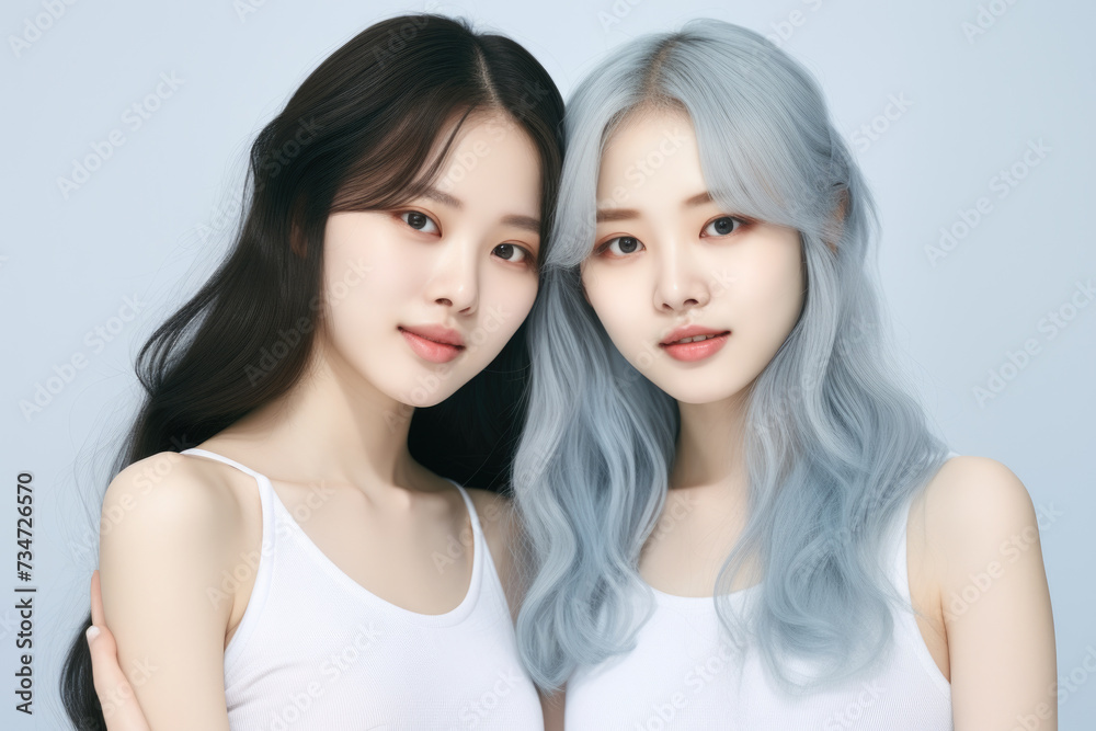Two women with vibrant blue hair posing for photo. Perfect for fashion or beauty themes Two women with vibrant blue hair posing for photo. Perfect for fashion or beauty themes
