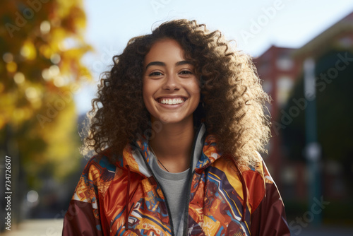 Woman with curly hair smiling and looking directly at camera. Suitable for various uses © vefimov