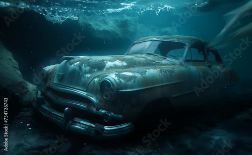 A sunken abandoned US classic car with a criminal history photo
