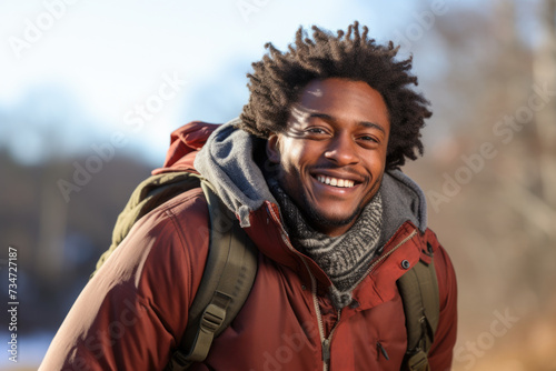 Picture of smiling man carrying backpack. This versatile image can be used to depict travel, adventure, exploration, hiking, and outdoor activities