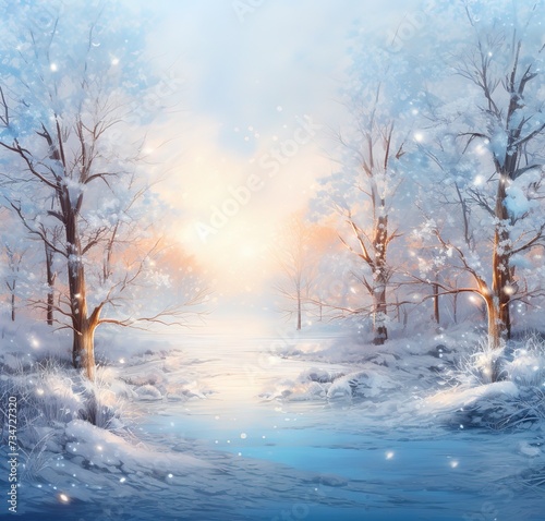 Beautiful winter morning landscape at sunrise with falling snowflakes
