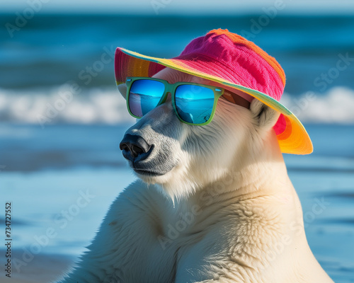 White polar bear with colorful sunglasses and summer hat on a north pole sandy beach on a sunny day. Climate change