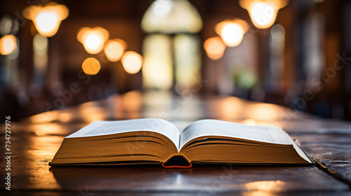 An open book lies on a wooden table in a quiet library.