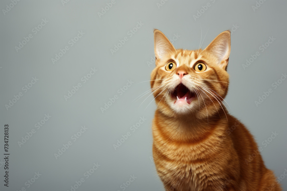 Orange cat with its mouth open and eyes wide open. Perfect for capturing expressions of surprise or curiosity. Ideal for use in pet-related articles, social media posts, and advertisements