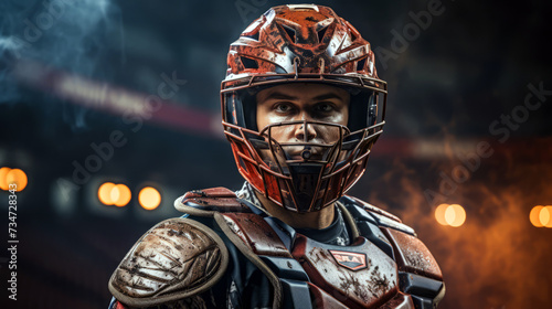 Confident Baseball Catcher Ready for Play, A baseball catcher poised and ready, clad in protective gear with a focused expression. photo