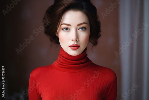 Woman wearing red turtle neck sweater. Perfect for winter fashion inspiration