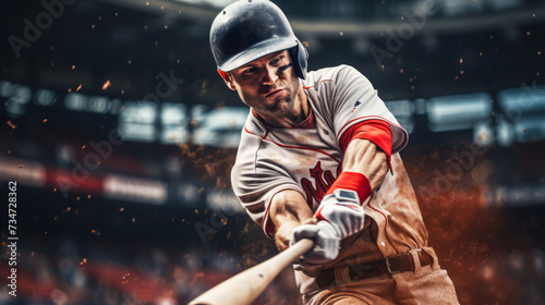 Dynamic Baseball Batter in Action, Baseball player hitting ball with force and dust.