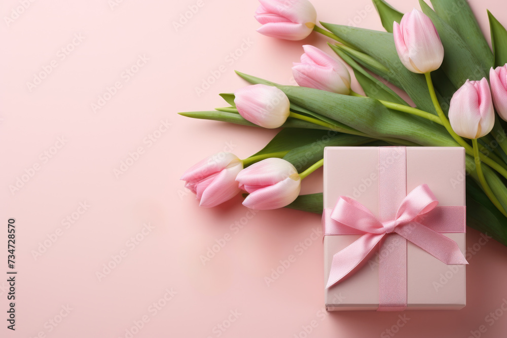 White box with pink bow and bouquet of pink tulips. Perfect for gift-giving or decorating any occasion White box with pink bow and bouquet of pink tulips. Perfect for gift-giving or decorating any occasion