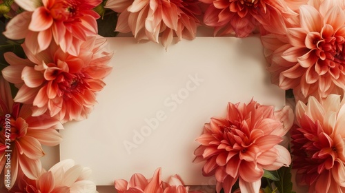 close-up view of a blank sheet of paper surrounded by a vibrant mix of red and pink flowers, casting soft shadows on the white background