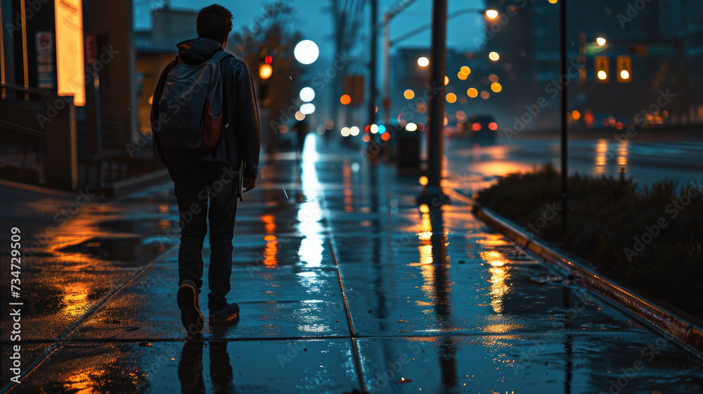 Person is depicted walking down wet sidewalk at night. This image can be used to illustrate urban scenes or rainy weather