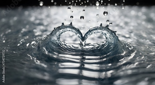 particle flow in the shape of drop descends into the water below the surface, forming a heart shape under the surface of the water, drops engage in a mesmerizing dance of swirling ripple and splash, s